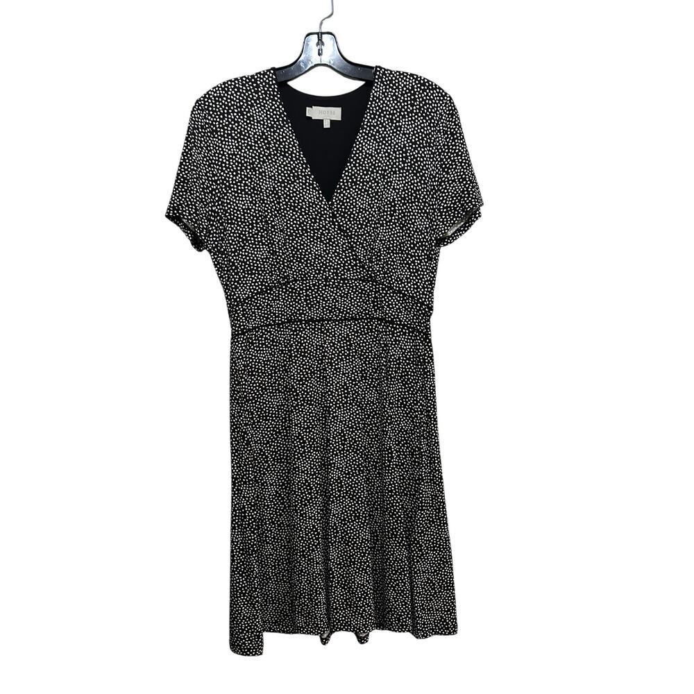Hobbs Black White Ditsy Polka Dot Print Knee Faux Wrap Jersey Dress Size 8